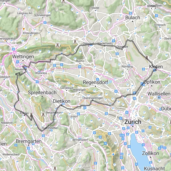 Miniatua del mapa de inspiración ciclista "Ruta de gran ascenso desde Kloten" en Zürich, Switzerland. Generado por Tarmacs.app planificador de rutas ciclistas