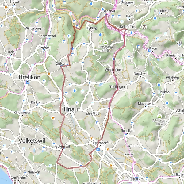 Miniaturní mapa "Gravel Kollbrunn - Weisslingen - Egg - Sessel - Kollbrunn" inspirace pro cyklisty v oblasti Zürich, Switzerland. Vytvořeno pomocí plánovače tras Tarmacs.app