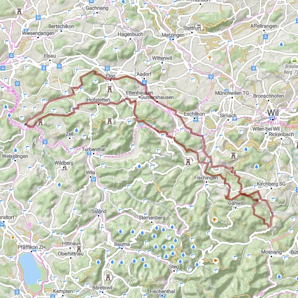 Miniatua del mapa de inspiración ciclista "Ruta Escénica de Gravel a Dussnang y Guntershausen" en Zürich, Switzerland. Generado por Tarmacs.app planificador de rutas ciclistas