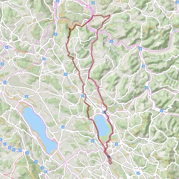 Kartminiatyr av "Grusvei tur til Jucker Farm og Sennhof" sykkelinspirasjon i Zürich, Switzerland. Generert av Tarmacs.app sykkelrutoplanlegger