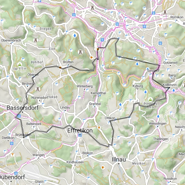 Mapa miniatúra "Okruh na ceste v blízkosti Kollbrunnu" cyklistická inšpirácia v Zürich, Switzerland. Vygenerované cyklistickým plánovačom trás Tarmacs.app