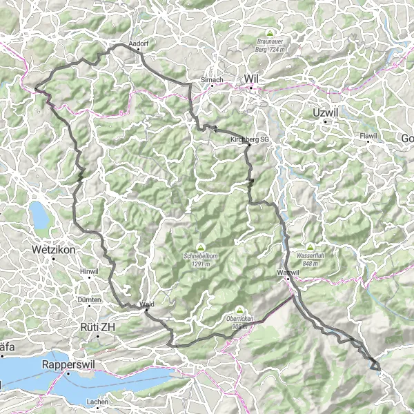 Miniatura della mappa di ispirazione al ciclismo "Avventura su strada da Kollbrunn a Rikon attraverso Elgg e Wald" nella regione di Zürich, Switzerland. Generata da Tarmacs.app, pianificatore di rotte ciclistiche