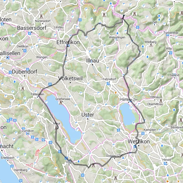 Zemljevid v pomanjšavi "Kolesarska pot po vaseh vzhodno od Züricha" kolesarske inspiracije v Zürich, Switzerland. Generirano z načrtovalcem kolesarskih poti Tarmacs.app