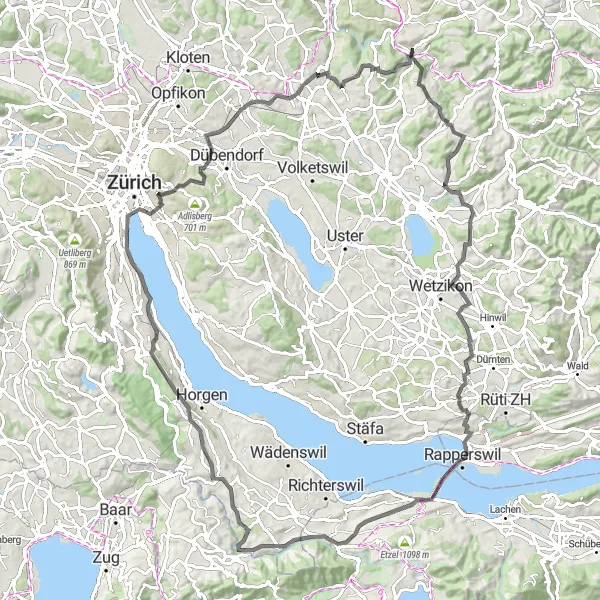 Miniatura della mappa di ispirazione al ciclismo "Giro in bicicletta panoramico tra Kollbrunn e Rüschlikon" nella regione di Zürich, Switzerland. Generata da Tarmacs.app, pianificatore di rotte ciclistiche