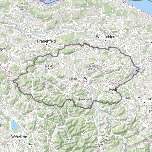 Miniatua del mapa de inspiración ciclista "Ruta de Ciclismo de Carretera a través de Kollbrunn y Thur" en Zürich, Switzerland. Generado por Tarmacs.app planificador de rutas ciclistas