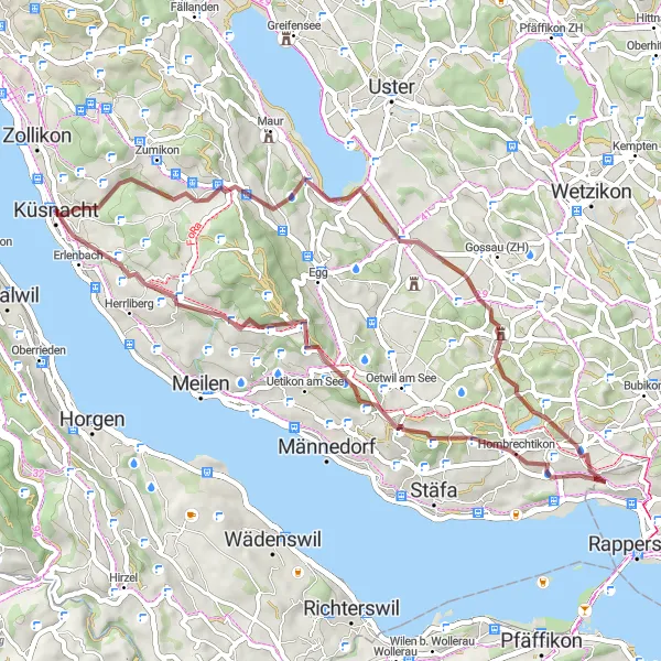 Miniatura della mappa di ispirazione al ciclismo "Esplorazione gravel da Küsnacht a Erlenbach" nella regione di Zürich, Switzerland. Generata da Tarmacs.app, pianificatore di rotte ciclistiche