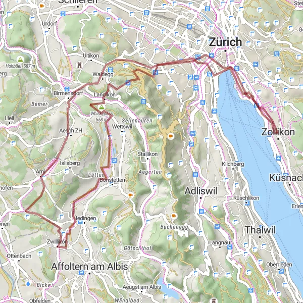Miniatura della mappa di ispirazione al ciclismo "Avventura in Gravel attraverso Whiskypass e Bürkliplatz" nella regione di Zürich, Switzerland. Generata da Tarmacs.app, pianificatore di rotte ciclistiche