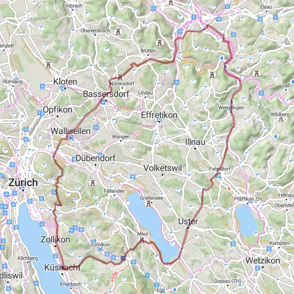 Miniatuurkaart van de fietsinspiratie "Avontuurlijke grindroute naar Wallisellen en Uster" in Zürich, Switzerland. Gemaakt door de Tarmacs.app fietsrouteplanner