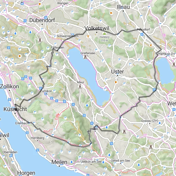 Zemljevid v pomanjšavi "Cestno kolesarjenje po idilični pokrajini" kolesarske inspiracije v Zürich, Switzerland. Generirano z načrtovalcem kolesarskih poti Tarmacs.app