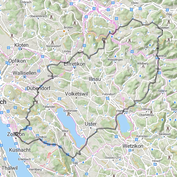 Karten-Miniaturansicht der Radinspiration "Kyburg und Pfäffikersee Rundtour" in Zürich, Switzerland. Erstellt vom Tarmacs.app-Routenplaner für Radtouren