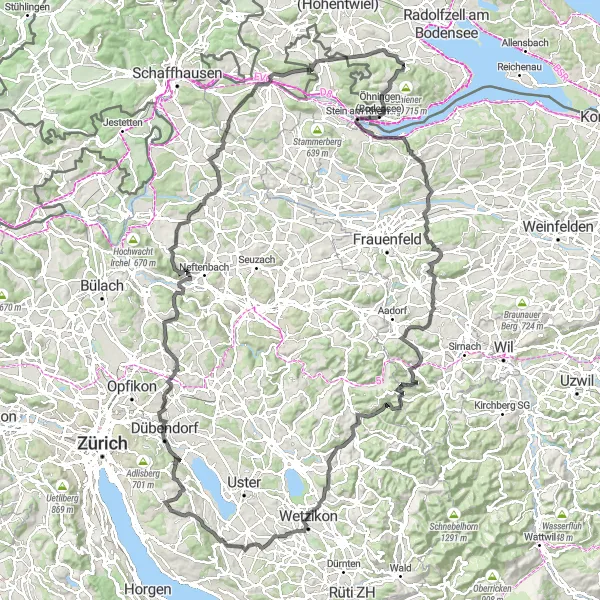 Miniature de la carte de l'inspiration cycliste "Épopée à vélo autour de Zurich" dans la Zürich, Switzerland. Générée par le planificateur d'itinéraire cycliste Tarmacs.app