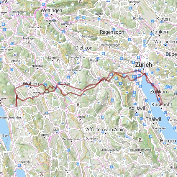 Zemljevid v pomanjšavi "Gravel tura Zollikon Birmensdorf Küsnacht" kolesarske inspiracije v Zürich, Switzerland. Generirano z načrtovalcem kolesarskih poti Tarmacs.app