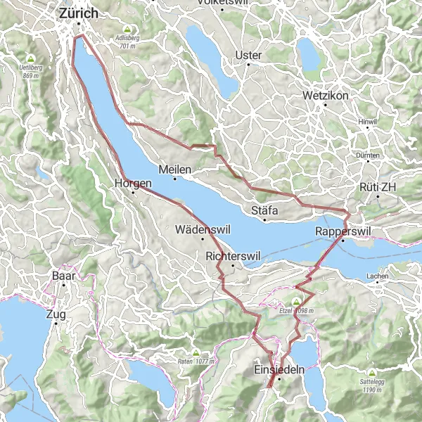 Map miniature of "Küsnacht Gravel Adventure" cycling inspiration in Zürich, Switzerland. Generated by Tarmacs.app cycling route planner