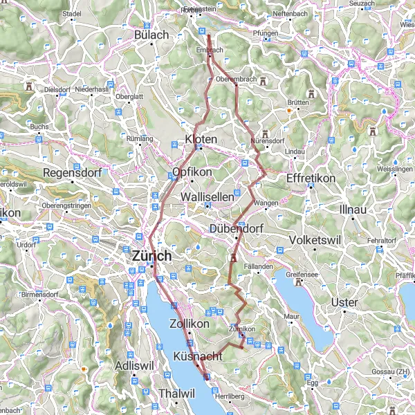 Miniatura della mappa di ispirazione al ciclismo "Tour di ciclismo attraverso Glattbrugg e Zurich" nella regione di Zürich, Switzerland. Generata da Tarmacs.app, pianificatore di rotte ciclistiche