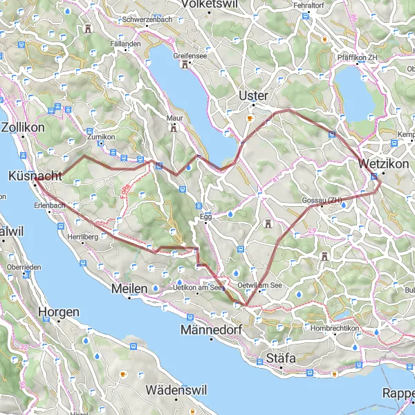 Zemljevid v pomanjšavi "Gravel avantura v okolici Züricha" kolesarske inspiracije v Zürich, Switzerland. Generirano z načrtovalcem kolesarskih poti Tarmacs.app