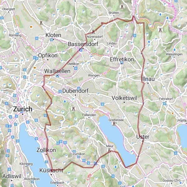 Miniatua del mapa de inspiración ciclista "Ruta de Zollikon a Küsnacht por Wallisellen" en Zürich, Switzerland. Generado por Tarmacs.app planificador de rutas ciclistas