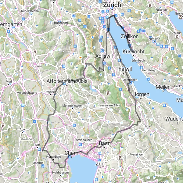 Zemljevid v pomanjšavi "Kolesarska tura okoli Züricha" kolesarske inspiracije v Zürich, Switzerland. Generirano z načrtovalcem kolesarskih poti Tarmacs.app