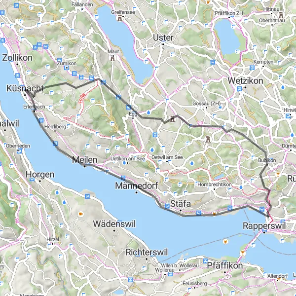 Kartminiatyr av "Runt Zürichs sjöar" cykelinspiration i Zürich, Switzerland. Genererad av Tarmacs.app cykelruttplanerare