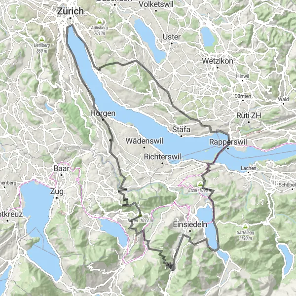 Miniatura della mappa di ispirazione al ciclismo "Epic Bike Journey tra Erlenbach e Raten" nella regione di Zürich, Switzerland. Generata da Tarmacs.app, pianificatore di rotte ciclistiche