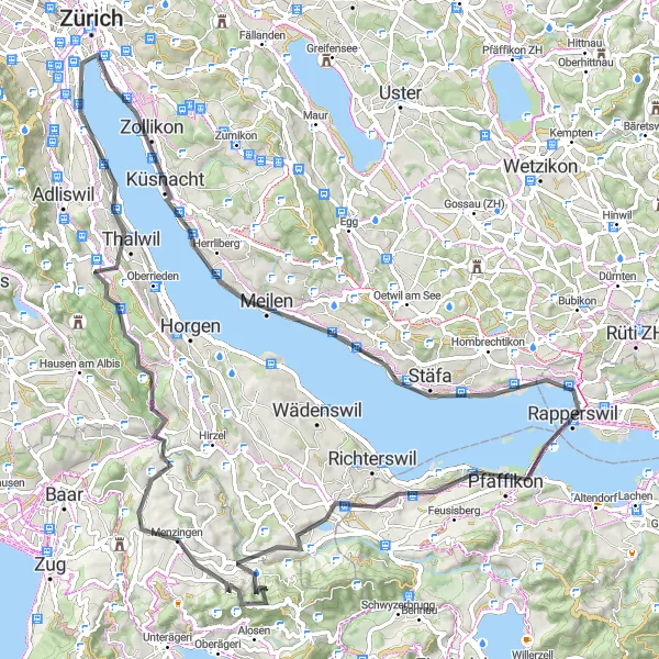 Zemljevid v pomanjšavi "Kolesarjenje po obalah Züricha" kolesarske inspiracije v Zürich, Switzerland. Generirano z načrtovalcem kolesarskih poti Tarmacs.app