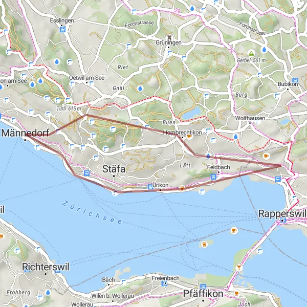 Miniatura della mappa di ispirazione al ciclismo "Tour del Lago di Zurigo in Gravel" nella regione di Zürich, Switzerland. Generata da Tarmacs.app, pianificatore di rotte ciclistiche