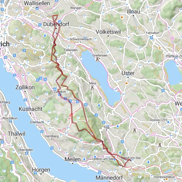 Miniatua del mapa de inspiración ciclista "Aventura en grava hacia Oetwil am See" en Zürich, Switzerland. Generado por Tarmacs.app planificador de rutas ciclistas