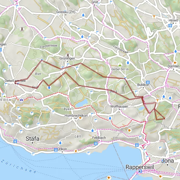 Miniaturní mapa "Gravel route through Gerbel, Bubikon, Wolfhausen, and Oetwil am See" inspirace pro cyklisty v oblasti Zürich, Switzerland. Vytvořeno pomocí plánovače tras Tarmacs.app
