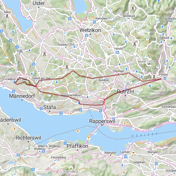 Miniatura della mappa di ispirazione al ciclismo "Giro nelle montagne del lago di Zurigo" nella regione di Zürich, Switzerland. Generata da Tarmacs.app, pianificatore di rotte ciclistiche