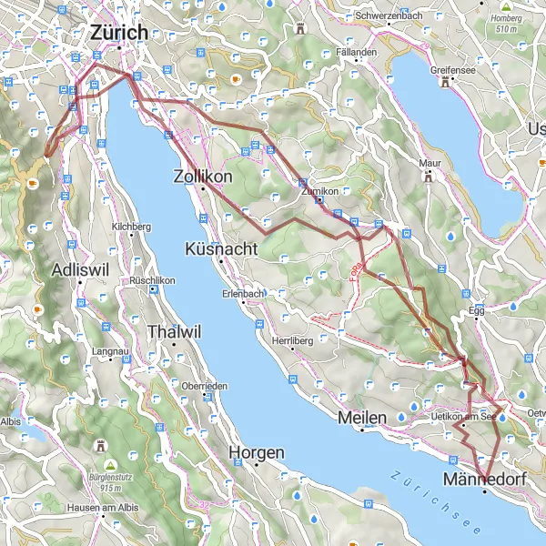 Miniaturní mapa "Discover Männedorf, Pfannenstiel, Zurich, Lindenhof, Bürkliplatz, Zollikon, and Forch on a challenging gravel adventure" inspirace pro cyklisty v oblasti Zürich, Switzerland. Vytvořeno pomocí plánovače tras Tarmacs.app