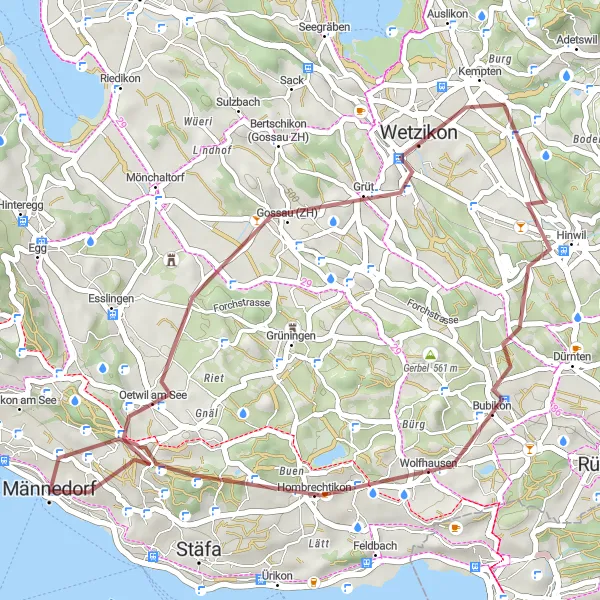 Miniature de la carte de l'inspiration cycliste "Boucle de Männedorf à Unterdorf" dans la Zürich, Switzerland. Générée par le planificateur d'itinéraire cycliste Tarmacs.app