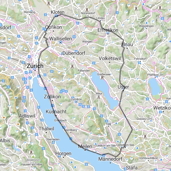Kartminiatyr av "Zürich - Mönchaltorf Rundtur" sykkelinspirasjon i Zürich, Switzerland. Generert av Tarmacs.app sykkelrutoplanlegger