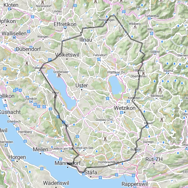 Miniatua del mapa de inspiración ciclista "Ruta de ciclismo a Männedorf y alrededores" en Zürich, Switzerland. Generado por Tarmacs.app planificador de rutas ciclistas