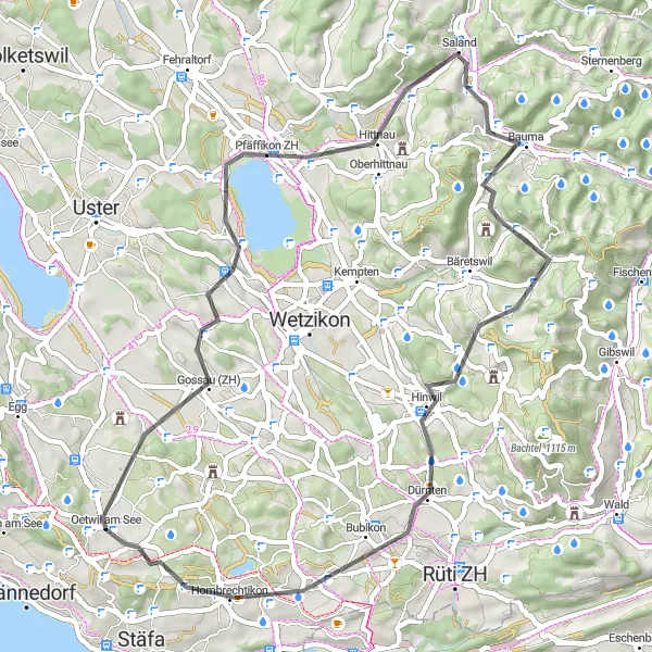 Mapa miniatúra "Road Tour Pfäffikersee - Bochslen" cyklistická inšpirácia v Zürich, Switzerland. Vygenerované cyklistickým plánovačom trás Tarmacs.app