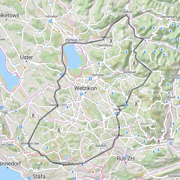 Miniaturní mapa "Road cycling adventure to Pfäffikersee, Pfäffikon ZH, Bauma, Schmärbööl, Hinwil, and Bochslen" inspirace pro cyklisty v oblasti Zürich, Switzerland. Vytvořeno pomocí plánovače tras Tarmacs.app