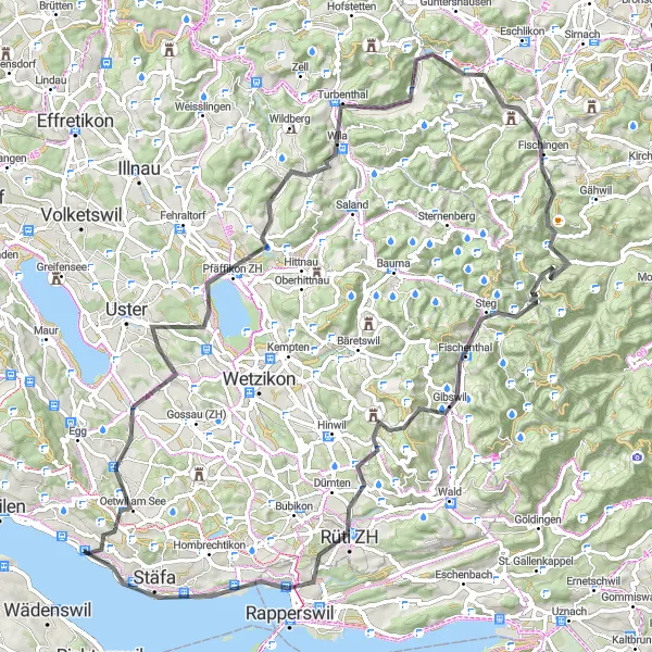 Miniatura della mappa di ispirazione al ciclismo "Avventura epica attraverso Zurigo e dintorni" nella regione di Zürich, Switzerland. Generata da Tarmacs.app, pianificatore di rotte ciclistiche