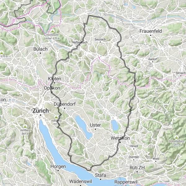 Kartminiatyr av "Kulturtur til Oetwil am See" sykkelinspirasjon i Zürich, Switzerland. Generert av Tarmacs.app sykkelrutoplanlegger