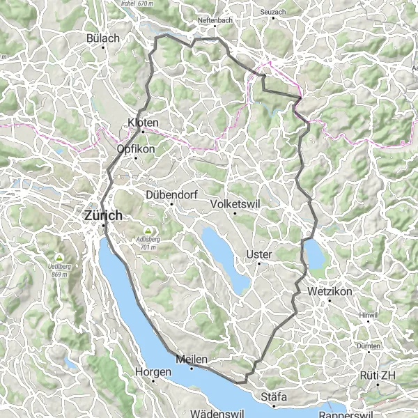 Kartminiatyr av "Sjø- og skogsrute til Winterthur" sykkelinspirasjon i Zürich, Switzerland. Generert av Tarmacs.app sykkelrutoplanlegger