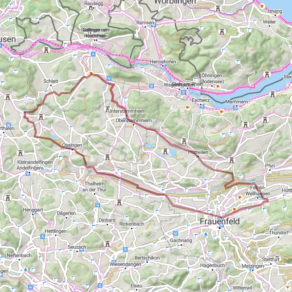 Karttaminiaatyyri "Kierros Aussichtsturm Vorderhüttenin ympärille" pyöräilyinspiraatiosta alueella Zürich, Switzerland. Luotu Tarmacs.app pyöräilyreittisuunnittelijalla