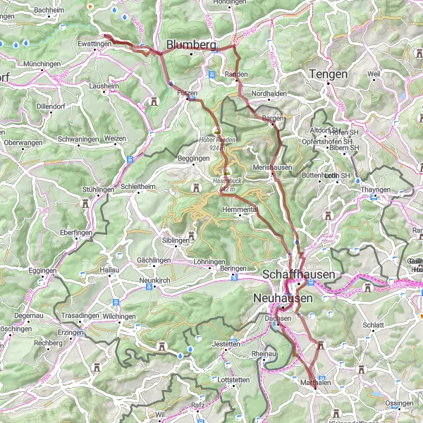 Mapa miniatúra "Gravelová cyklotrasa cez Marthalen" cyklistická inšpirácia v Zürich, Switzerland. Vygenerované cyklistickým plánovačom trás Tarmacs.app