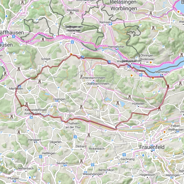 Karten-Miniaturansicht der Radinspiration "Römerkastell Tasgetium und Schloss Marthalen" in Zürich, Switzerland. Erstellt vom Tarmacs.app-Routenplaner für Radtouren