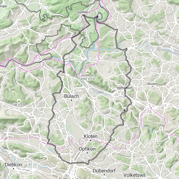 Miniatura della mappa di ispirazione al ciclismo "Percorso ciclabile da Neftenbach a Rafz" nella regione di Zürich, Switzerland. Generata da Tarmacs.app, pianificatore di rotte ciclistiche