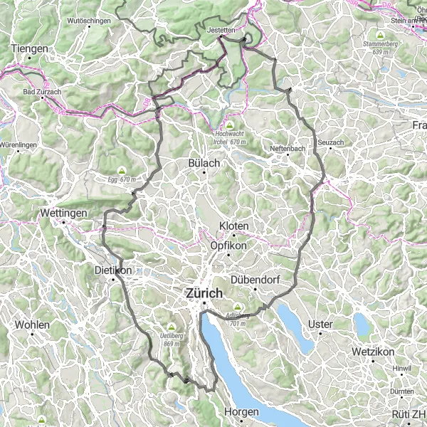 Miniaturní mapa "Okružní cyklistická trasa Zürich - Marthalen" inspirace pro cyklisty v oblasti Zürich, Switzerland. Vytvořeno pomocí plánovače tras Tarmacs.app