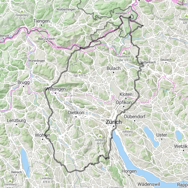 Miniatua del mapa de inspiración ciclista "Ruta de ciclismo de carretera desde Marthalen" en Zürich, Switzerland. Generado por Tarmacs.app planificador de rutas ciclistas