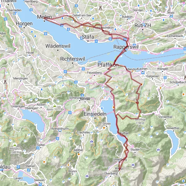 Miniatura della mappa di ispirazione al ciclismo "Avventuroso giro in bici attraverso i colli di Meilen" nella regione di Zürich, Switzerland. Generata da Tarmacs.app, pianificatore di rotte ciclistiche