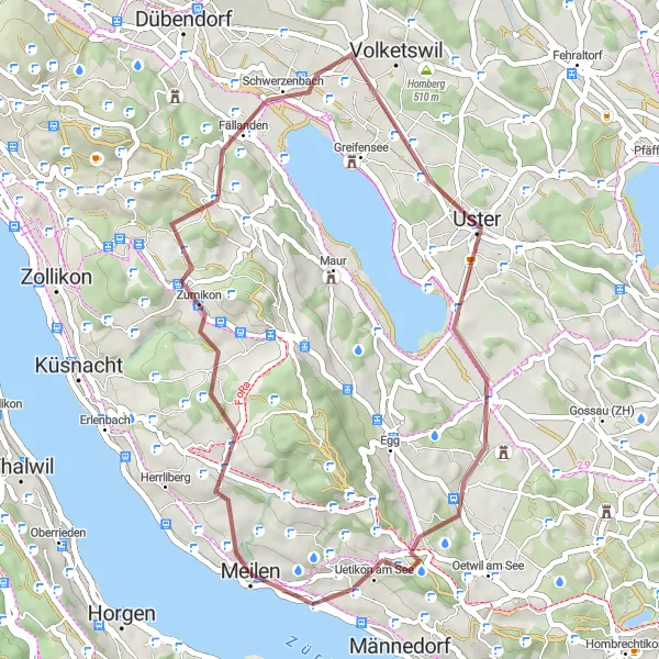 Karttaminiaatyyri "Meilen - Fällanden - Mönchaltorf - Uetikon am See Gravel Ride" pyöräilyinspiraatiosta alueella Zürich, Switzerland. Luotu Tarmacs.app pyöräilyreittisuunnittelijalla