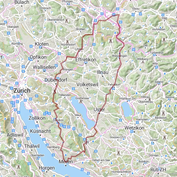 Miniaturekort af cykelinspirationen "Naturskøn Grusvejrute gennem Det Schweiziske Landskab" i Zürich, Switzerland. Genereret af Tarmacs.app cykelruteplanlægger