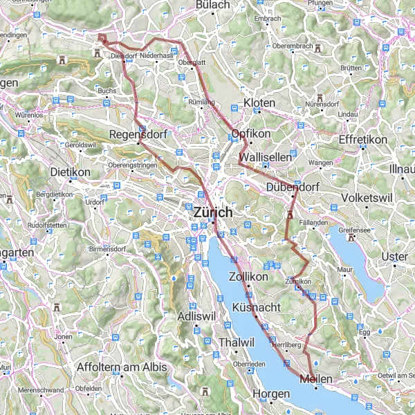 Mapa miniatúra "Gravel okolo Zurichu" cyklistická inšpirácia v Zürich, Switzerland. Vygenerované cyklistickým plánovačom trás Tarmacs.app