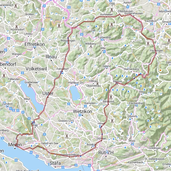 Kartminiatyr av "Grusvei eventyr til Waltensberg via Bäretswil" sykkelinspirasjon i Zürich, Switzerland. Generert av Tarmacs.app sykkelrutoplanlegger