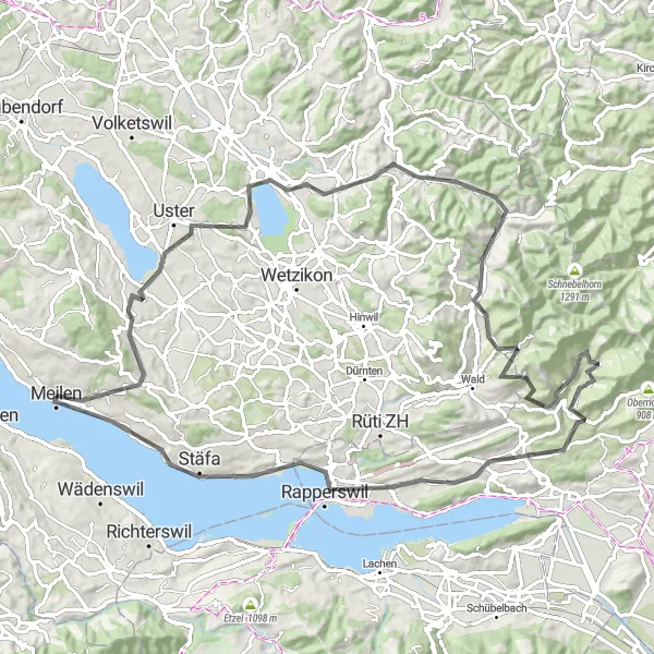 Zemljevid v pomanjšavi "Cycling around Pfäffikersee" kolesarske inspiracije v Zürich, Switzerland. Generirano z načrtovalcem kolesarskih poti Tarmacs.app