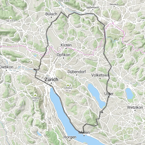 Map miniature of "Meilen - Lindenhof - Zurich - Bachenbülach - Dättenberg - Pfungen - Brühlberg - Uster - Egg - Burgruine Friedberg Circular Route" cycling inspiration in Zürich, Switzerland. Generated by Tarmacs.app cycling route planner